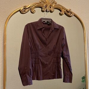 AM Studio Button Down Long Sleeve V-neck Blouse Brown Size M